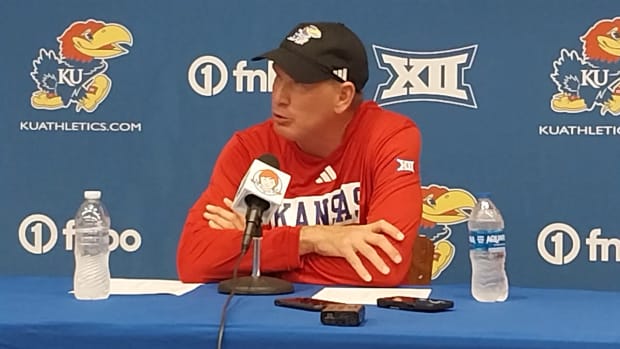 Lance Leipold takes the podium after the Kansas Jayhawks defeated the BYU Cougars